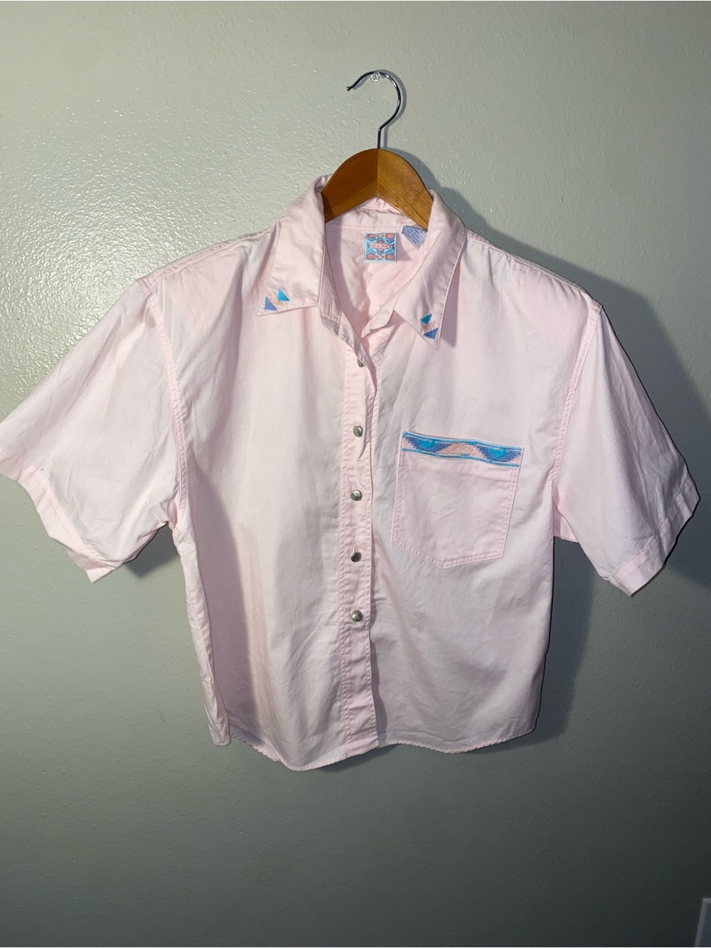Vintage Nuovo Cotton Pastel Geometric Tribal Crop Top Shirt Ornate Buttons S